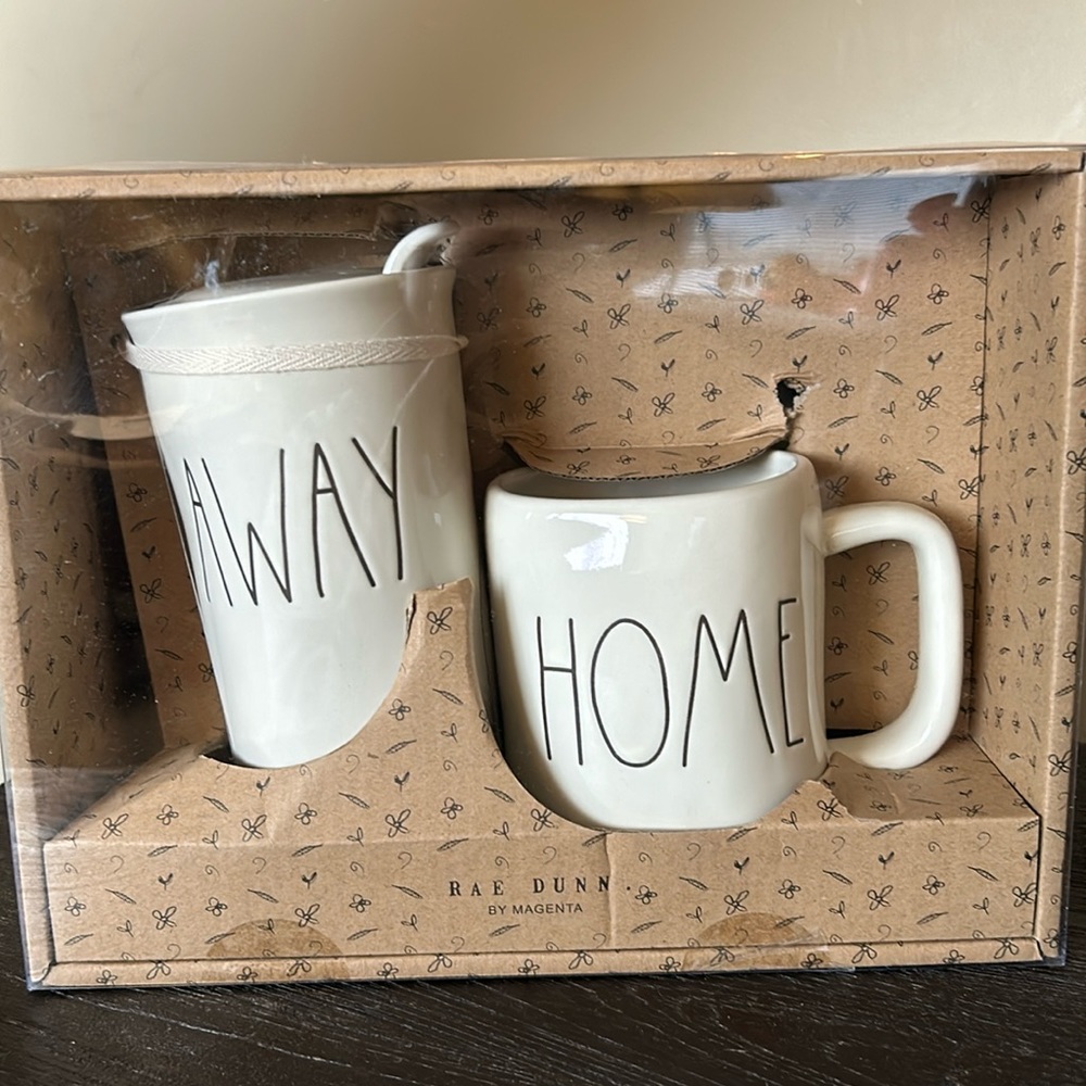 Rae Dunn Home and Away coffee mug and travel mug.
